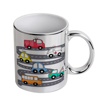 Hand drawn childish set with cars, Mug ceramic, silver mirror, 330ml