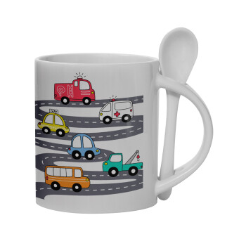 Hand drawn childish set with cars, Ceramic coffee mug with Spoon, 330ml (1pcs)