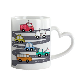 Hand drawn childish set with cars, Mug heart handle, ceramic, 330ml
