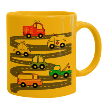 Hand drawn childish set with cars, Ceramic coffee mug yellow, 330ml (1pcs)