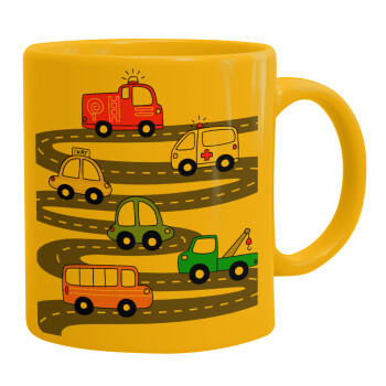 Hand drawn childish set with cars, Ceramic coffee mug yellow, 330ml