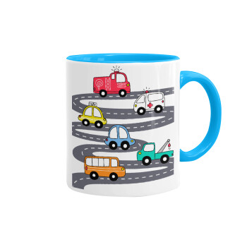 Hand drawn childish set with cars, Mug colored light blue, ceramic, 330ml