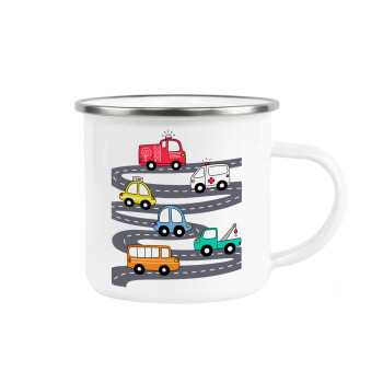 Hand drawn childish set with cars, Metallic enamel cup white 360ml