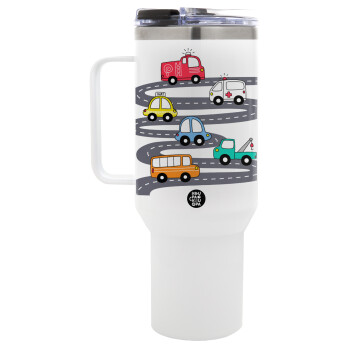 Hand drawn childish set with cars, Mega Stainless steel Tumbler with lid, double wall 1,2L