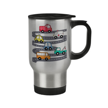 Hand drawn childish set with cars, Stainless steel travel mug with lid, double wall 450ml