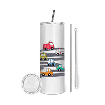 Hand drawn childish set with cars, Eco friendly stainless steel tumbler 600ml, with metal straw & cleaning brush