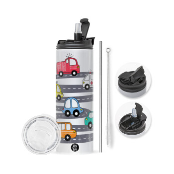 Hand drawn childish set with cars, Travel Tumbler 2 Lids, with metal straw & cleaning brush (Stainless steel 304 Food grade, BPA free, 600ml)