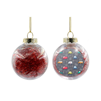 Hand drawn childish set with cars, Transparent Christmas tree ball ornament with red filling 8cm