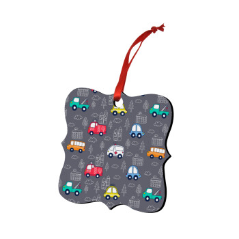 Hand drawn childish set with cars, Christmas ornament polygon wooden 7.5cm