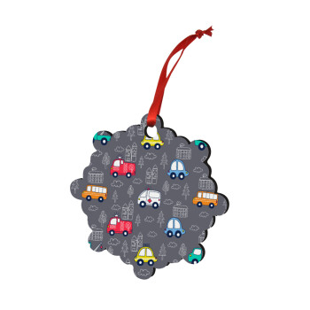 Hand drawn childish set with cars, Christmas ornament snowflake wooden 7.5cm