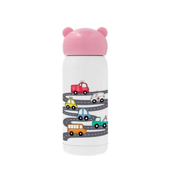Hand drawn childish set with cars, Pink stainless steel thermal flask, 320ml