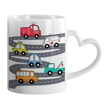 Hand drawn childish set with cars, Κούπα καρδιά χερούλι λευκή, κεραμική, 330ml