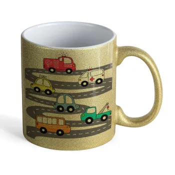 Hand drawn childish set with cars, Κούπα Χρυσή Glitter που γυαλίζει, κεραμική, 330ml