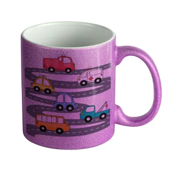 Hand drawn childish set with cars, Κούπα Μωβ Glitter που γυαλίζει, κεραμική, 330ml