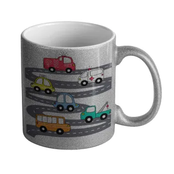 Hand drawn childish set with cars, Κούπα Ασημένια Glitter που γυαλίζει, κεραμική, 330ml