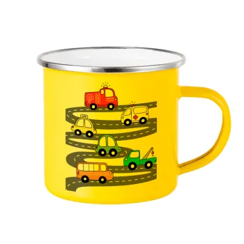 Hand drawn childish set with cars, Κούπα Μεταλλική εμαγιέ Κίτρινη 360ml