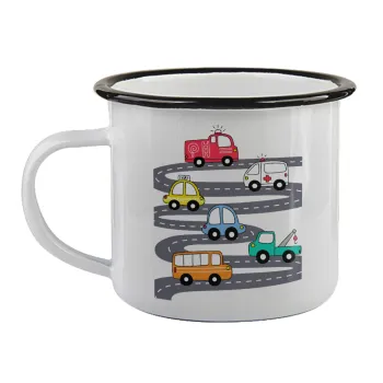 Hand drawn childish set with cars, Κούπα εμαγιέ με μαύρο χείλος 360ml