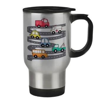 Hand drawn childish set with cars, Κούπα ταξιδιού ανοξείδωτη με καπάκι, διπλού τοιχώματος (θερμό) 450ml