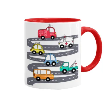 Hand drawn childish set with cars, Κούπα χρωματιστή κόκκινη, κεραμική, 330ml