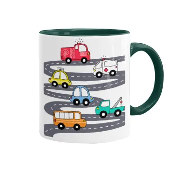 Hand drawn childish set with cars, Κούπα χρωματιστή πράσινη, κεραμική, 330ml