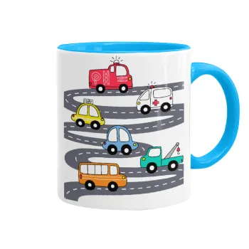 Hand drawn childish set with cars, Κούπα χρωματιστή γαλάζια, κεραμική, 330ml