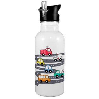 Hand drawn childish set with cars, Παγούρι νερού Λευκό με καλαμάκι, ανοξείδωτο ατσάλι 600ml