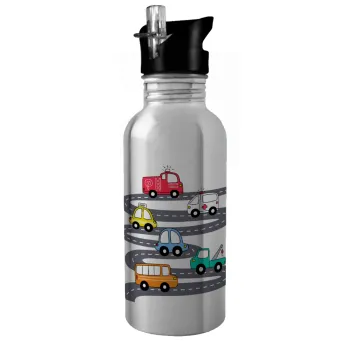 Hand drawn childish set with cars, Παγούρι νερού Ασημένιο με καλαμάκι, ανοξείδωτο ατσάλι 600ml