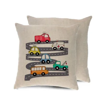 Hand drawn childish set with cars, Μαξιλάρι καναπέ ΛΙΝΟ 40x40cm περιέχεται το  γέμισμα