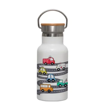 Hand drawn childish set with cars, Μεταλλικό παγούρι θερμός (Stainless steel) Λευκό με ξύλινο καπακι (bamboo), διπλού τοιχώματος, 350ml