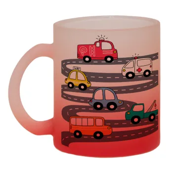 Hand drawn childish set with cars, Κούπα γυάλινη δίχρωμη με βάση το κόκκινο ματ, 330ml