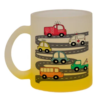 Hand drawn childish set with cars, Κούπα γυάλινη δίχρωμη με βάση το κίτρινο ματ, 330ml