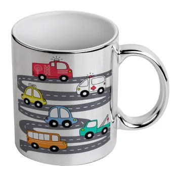 Hand drawn childish set with cars, Κούπα κεραμική, ασημένια καθρέπτης, 330ml