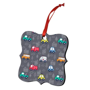 Hand drawn childish set with cars, Christmas ornament polygon wooden 7.5cm