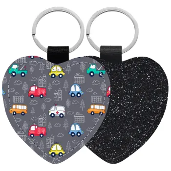 Hand drawn childish set with cars, Μπρελόκ PU δερμάτινο glitter καρδιά ΜΑΥΡΟ