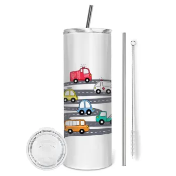 Hand drawn childish set with cars, Tumbler ποτήρι θερμό από ανοξείδωτο ατσάλι 600ml, με μεταλλικό καλαμάκι & βούρτσα καθαρισμού