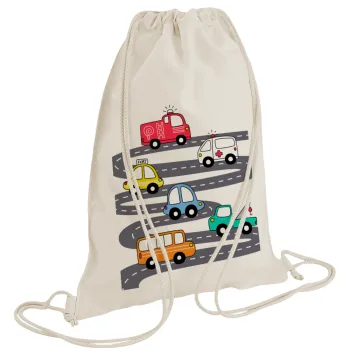 Hand drawn childish set with cars, Τσάντα πλάτης πουγκί GYMBAG natural (28x40cm)