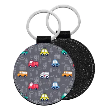 Hand drawn childish set with cars, Μπρελόκ Δερματίνη, στρογγυλό ΜΑΥΡΟ (5cm)