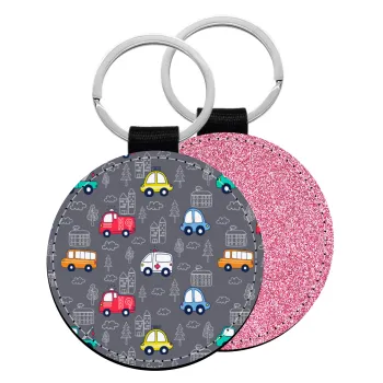 Hand drawn childish set with cars, Μπρελόκ Δερματίνη, στρογγυλό ΡΟΖ (5cm)