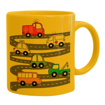 Hand drawn childish set with cars, Κούπα, κεραμική κίτρινη, 330ml