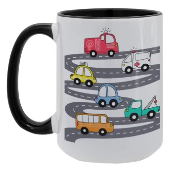 Hand drawn childish set with cars, Κούπα Mega 15oz, κεραμική Μαύρη, 450ml