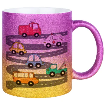 Hand drawn childish set with cars, Κούπα Χρυσή/Ροζ Glitter, κεραμική, 330ml