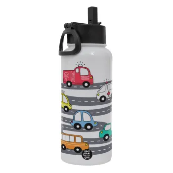 Hand drawn childish set with cars, Metal mug thermo White with Straw and Spout Lid (Stainless steel), double wall, 950ml