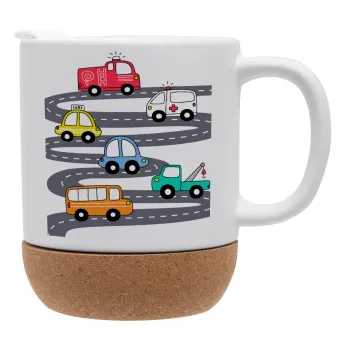 Hand drawn childish set with cars, Ceramic coffee mug Cork (MAT), 330ml