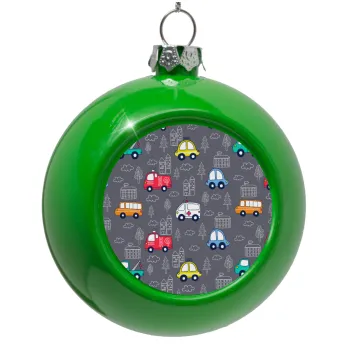Hand drawn childish set with cars, Green Christmas tree ornament bauble 8cm