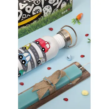 Hand drawn childish set with cars, Πασχαλινή Λαμπάδα με παγούρι μεταλλικό (620ml, stainless steel) & κερί αρωματικό πλακέ (30cm) (ΤΙΡΚΟΥΑΖ)