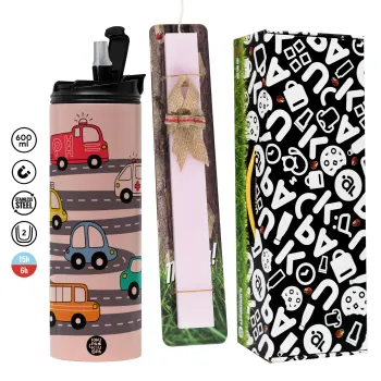 Hand drawn childish set with cars, Πασχαλινή Λαμπάδα με  ΡΟΖ Travel Tumbler θερμό (600ml, BPA free) & κερί αρωματικό πλακέ (30cm) (ΡΟΖ)