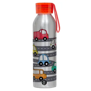 Hand drawn childish set with cars, Αλουμινένιο Αθλητικό Μπουκάλι 650ml – Ασημί με Κόκκινο Καπάκι και Λουράκι Σιλικόνης