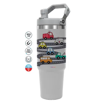 Hand drawn childish set with cars, GREY color, 890ml (30oz) stainless Steel Tumbler with Handle