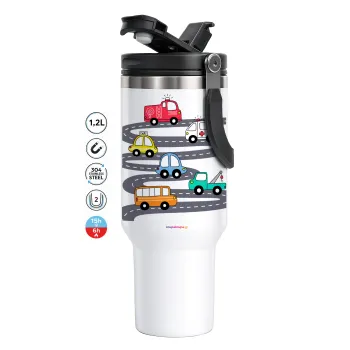 Hand drawn childish set with cars, Mega Stainless steel Tumbler with lid, double wall 1,2L