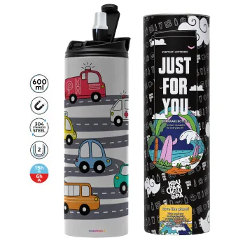 Hand drawn childish set with cars, Tumbler stainless steel GREY 600ml